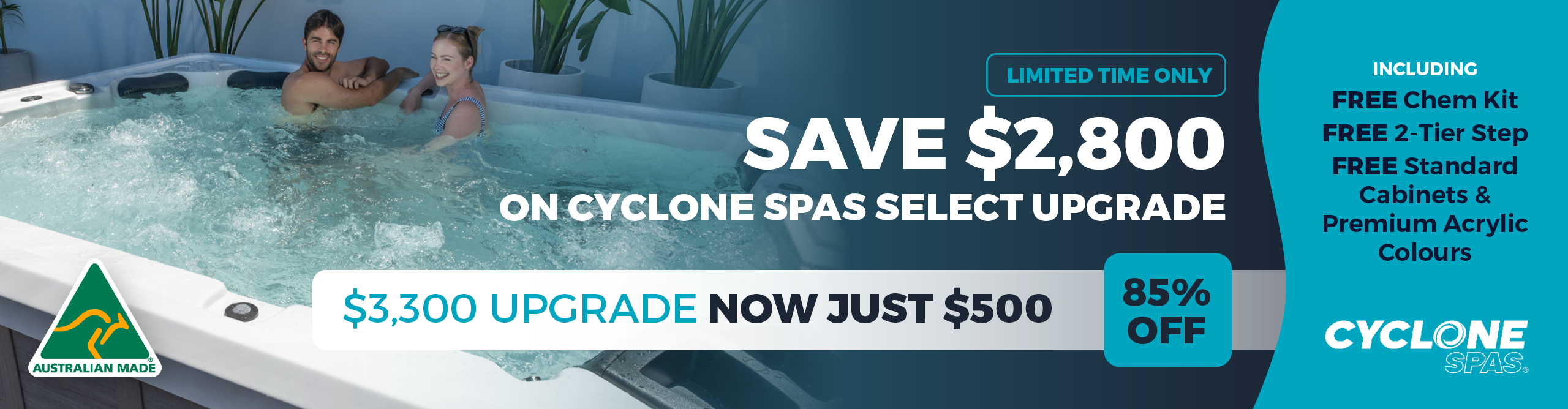 Promotional banner for a Cyclone Spas Select Upgrade, showing a couple relaxing in a swimming pool with text offering a $2,800 save on a $3,300 upgrade.