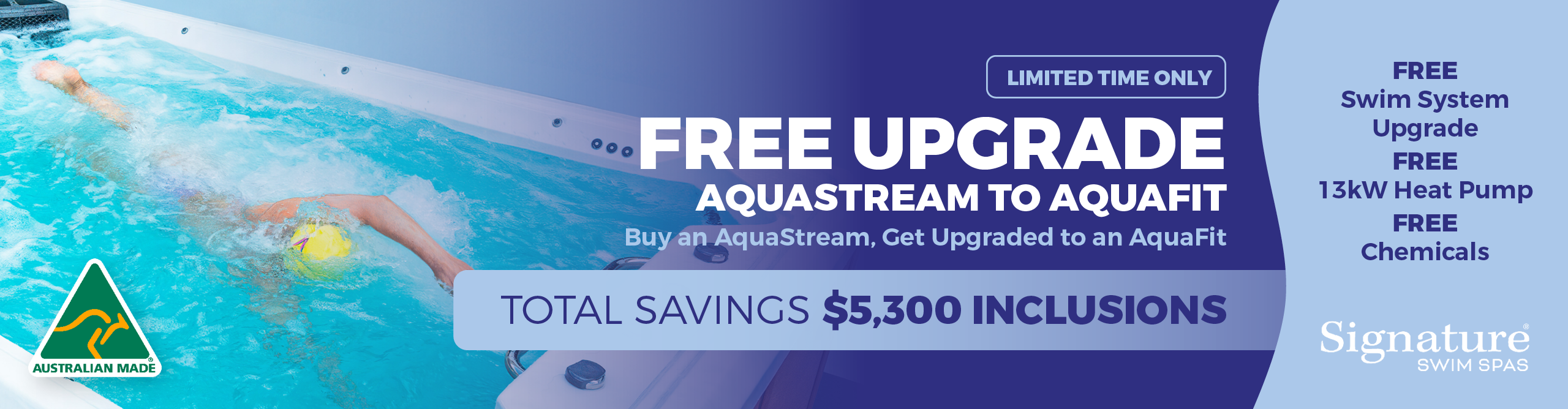 Promotional banner for an Aquastream to AquaFit upgrade offer, featuring a swimming pool scene on the left, large white and blue text in the center, and a list of included upgrades on the right.