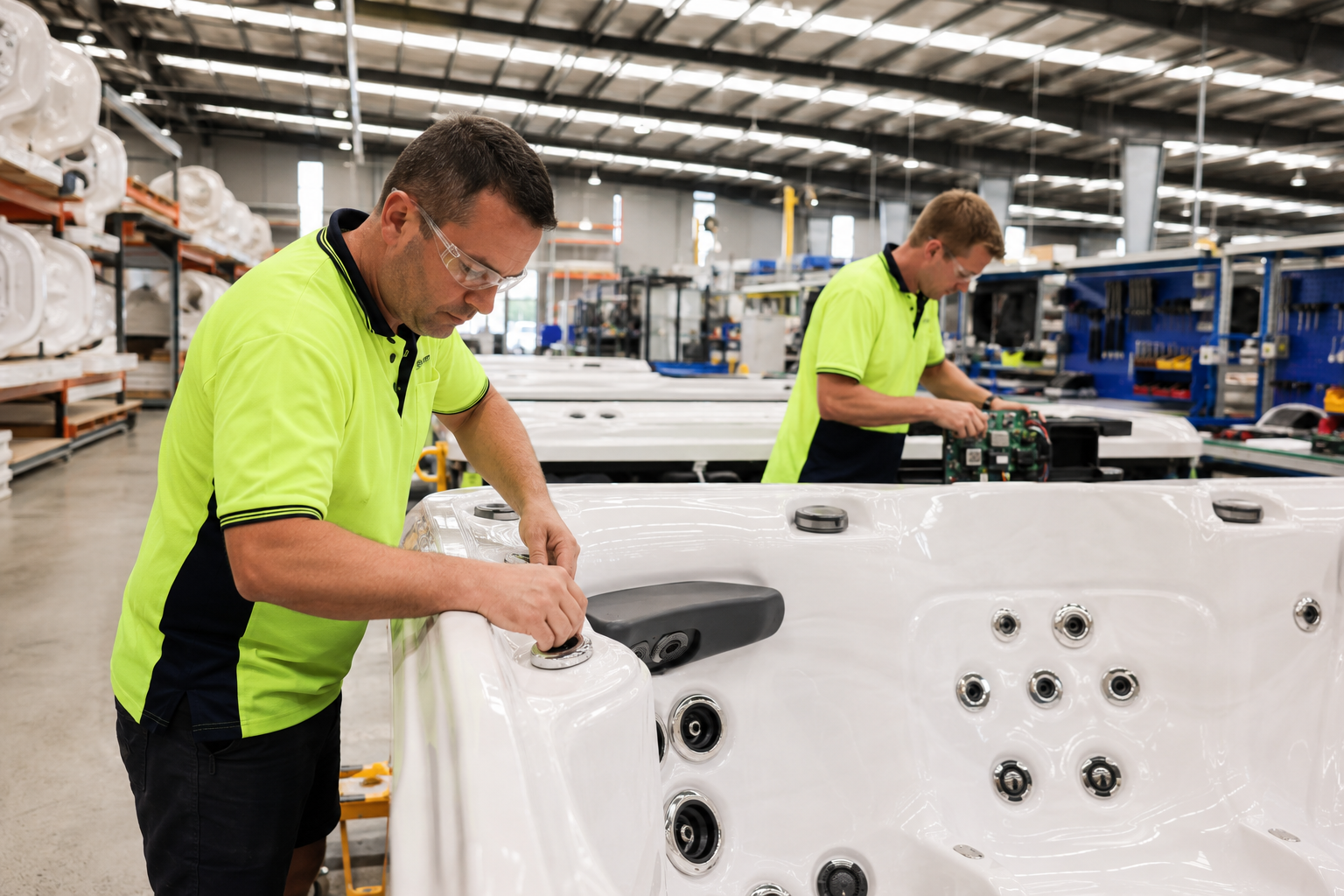 Two workers in a warehouse assembling a hot tub.