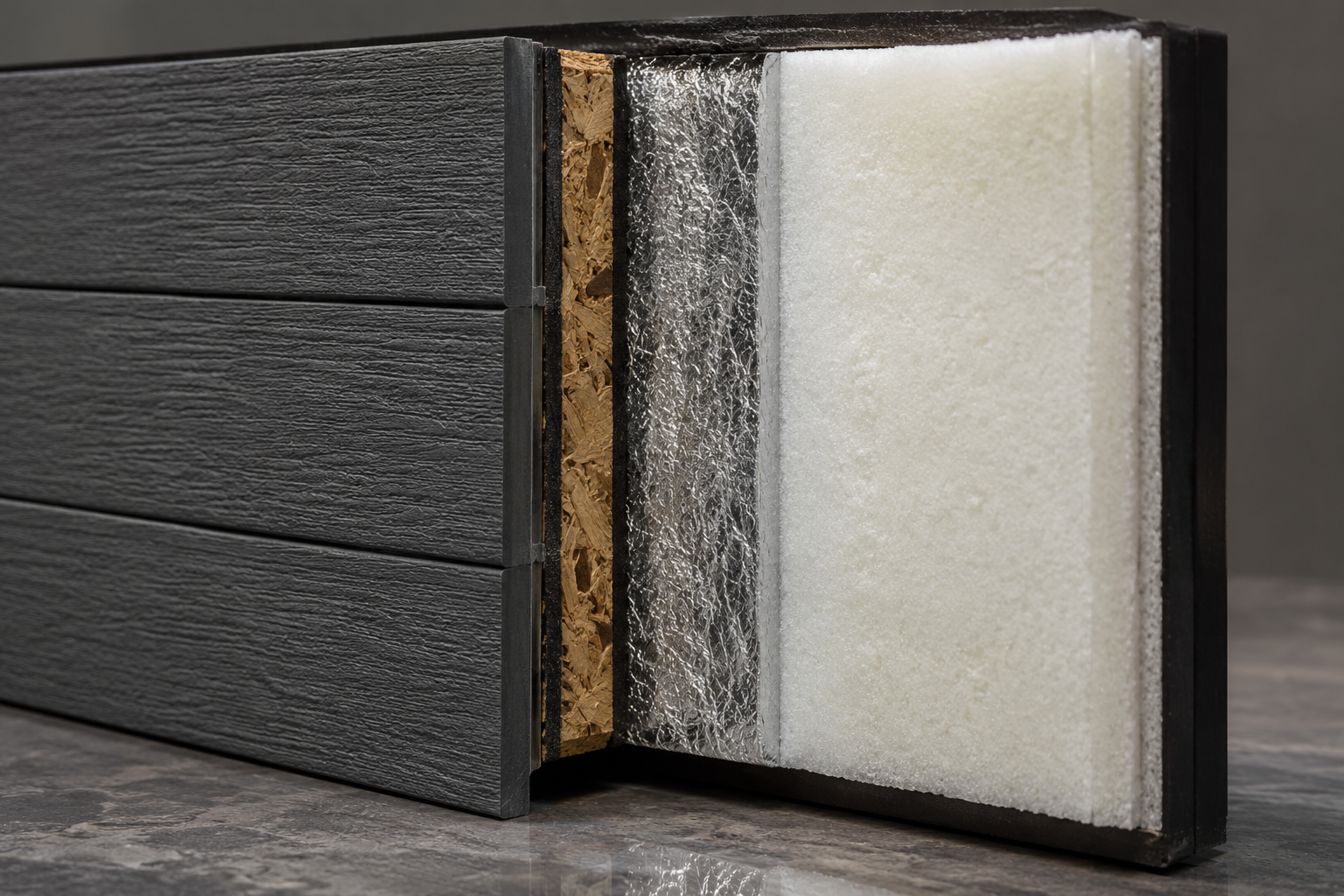 Wooden panel with a close-up of its interior structure on a gray surface.