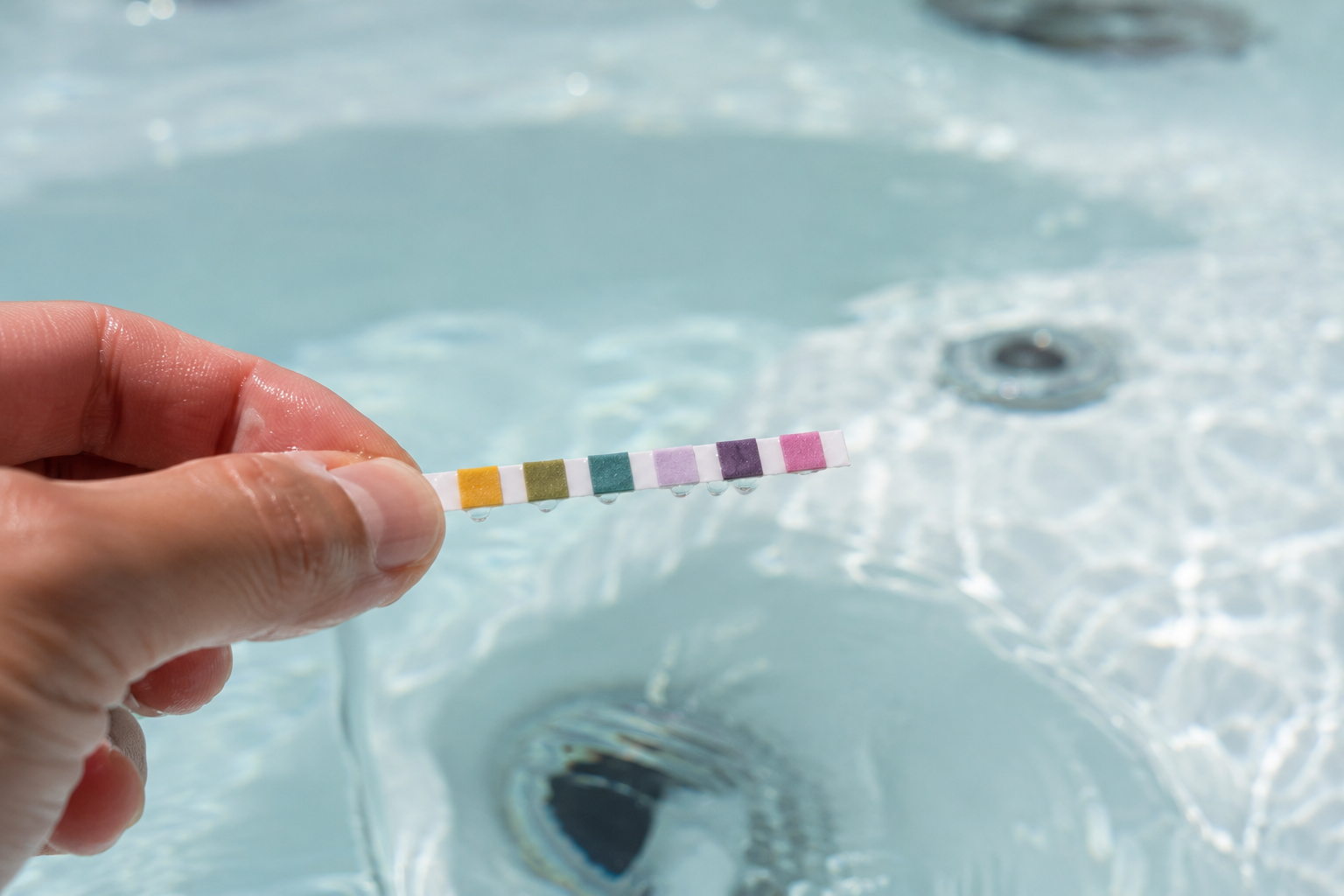 Hand holding a pool test strip with water in the background