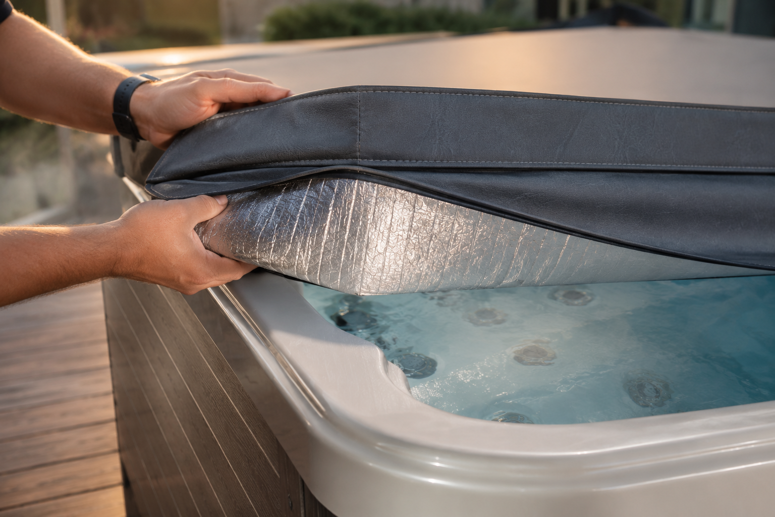 Person opening a hot tub cover with a blurred outdoor background