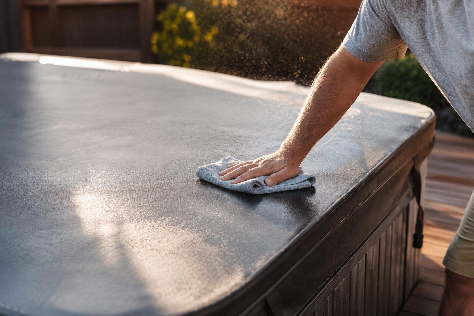 Person cleaning a metal surface with a cloth outdoors