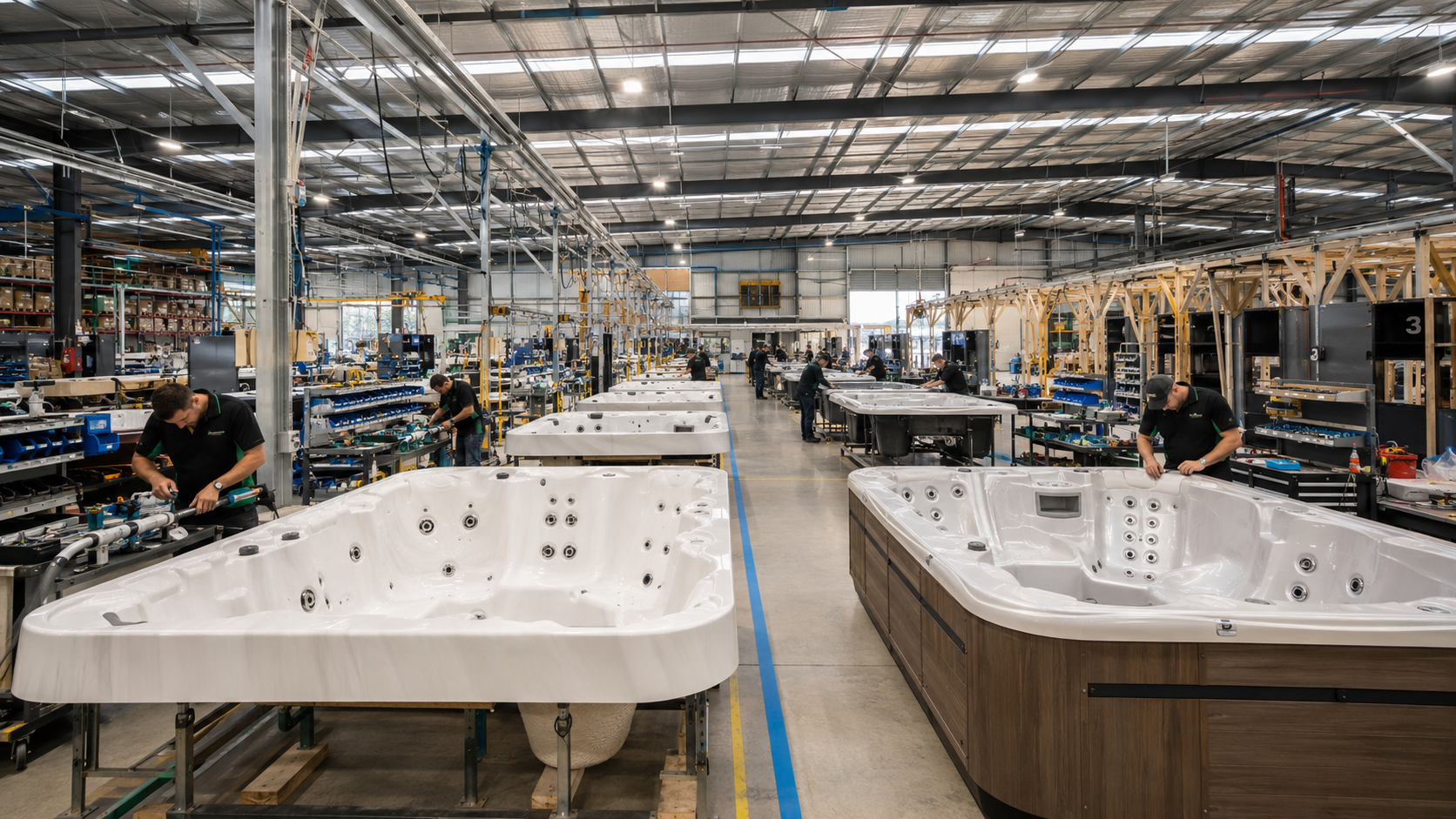 Factory interior with large white hot tubs on assembly lines.