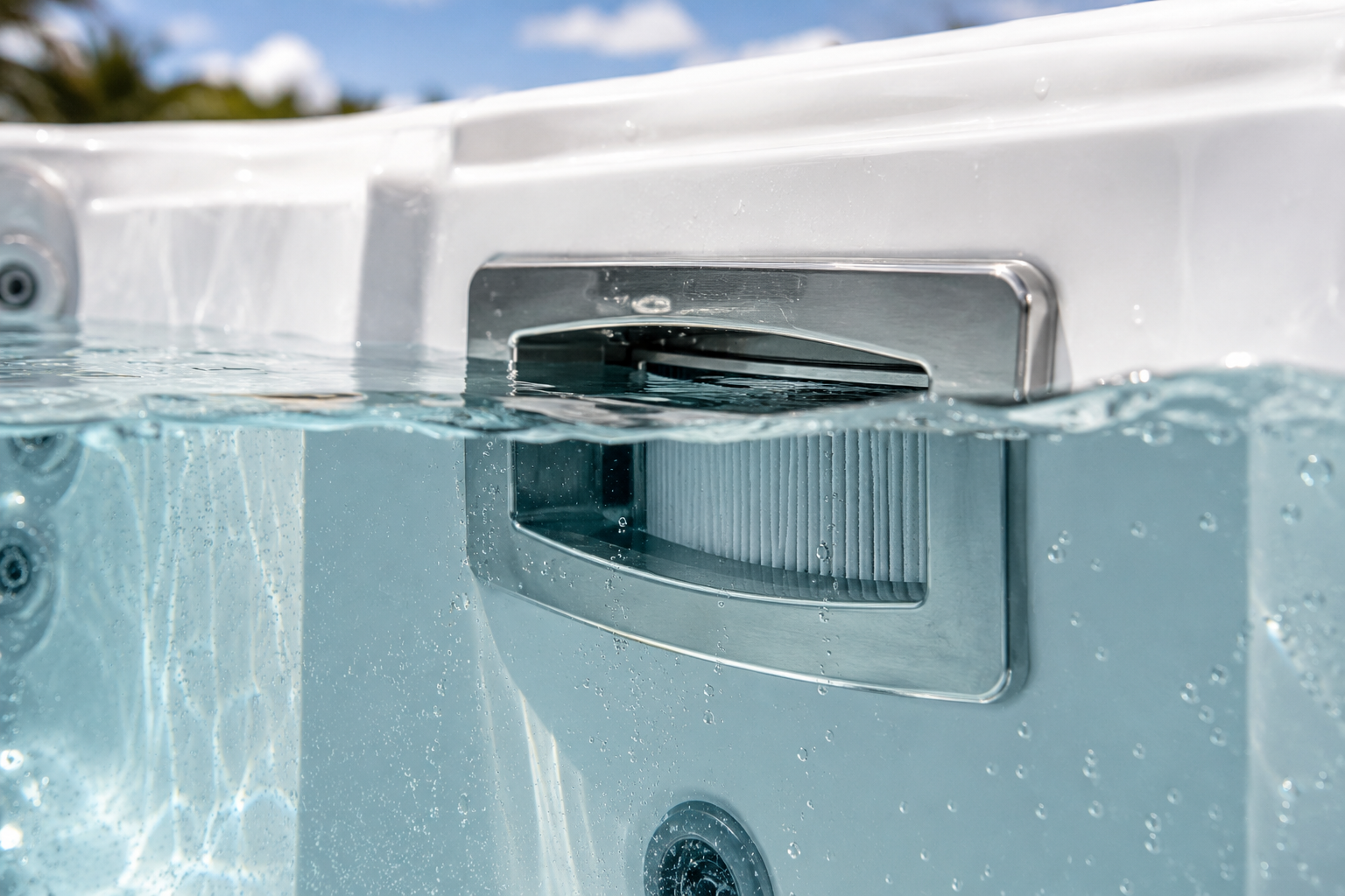 Close-up of a hot tub with water level and drain cover visible