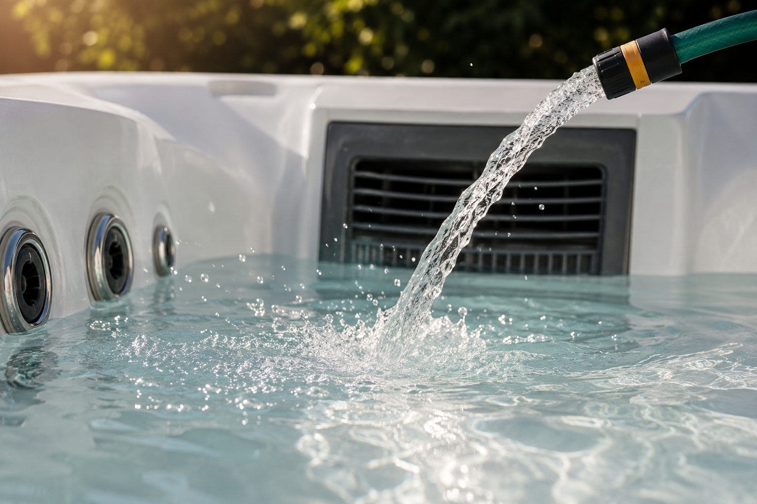 Hot tub being filled with water from a hose