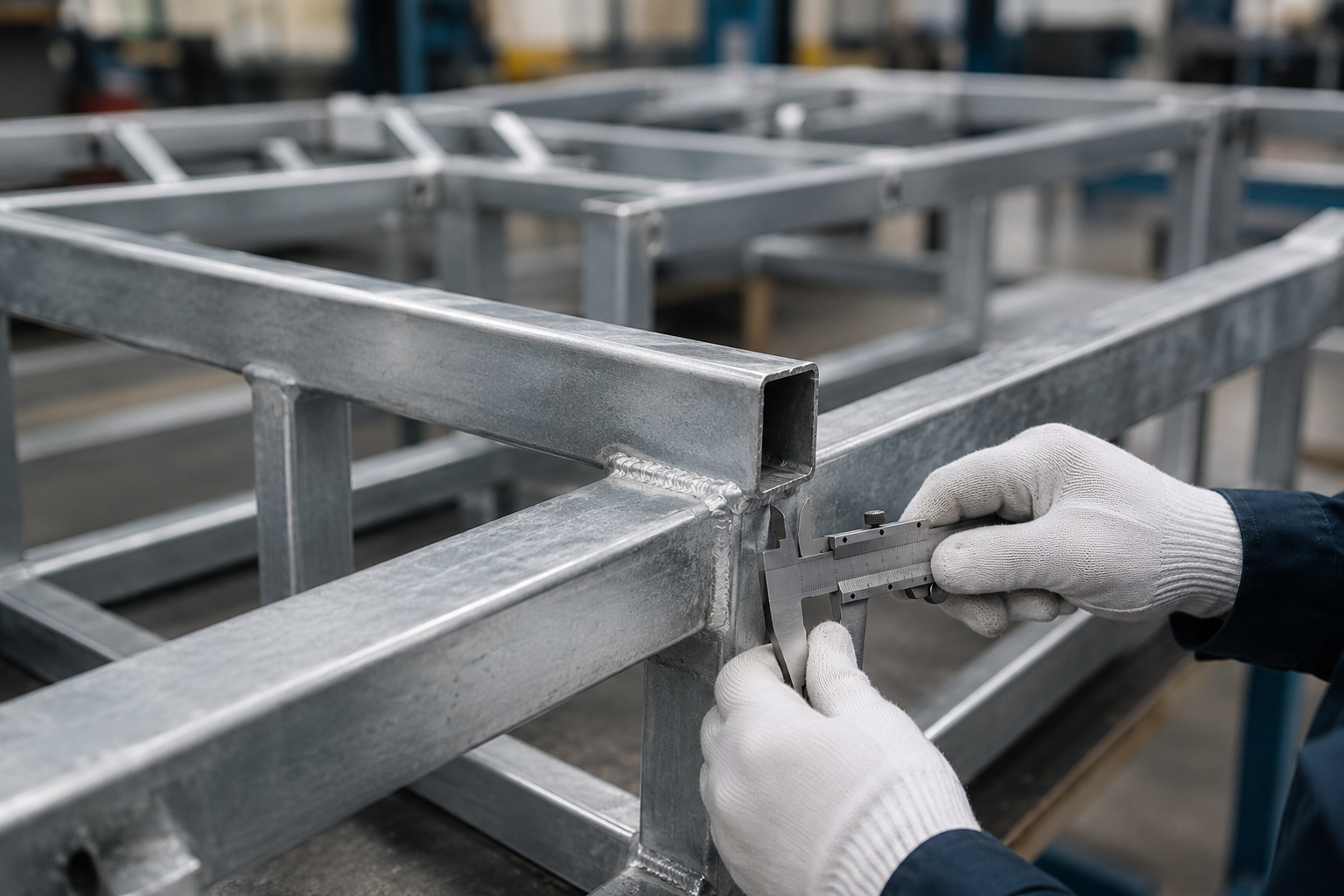 Person assembling metal frames with a tool in a workshop setting