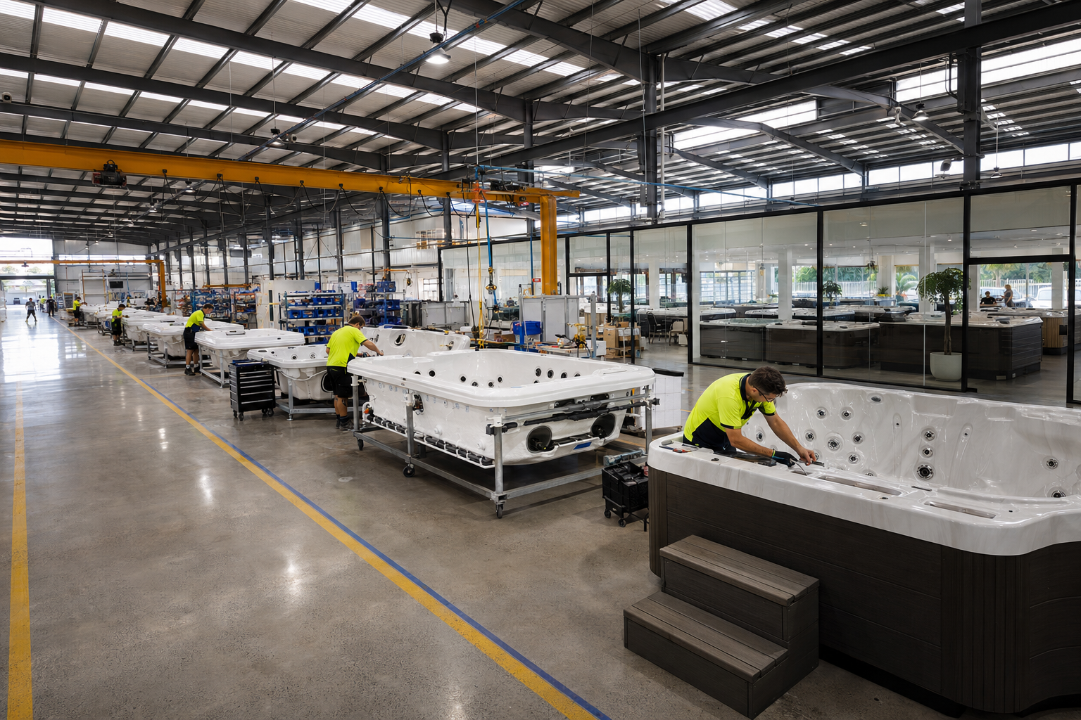 Factory interior with workers assembling hot tubs.