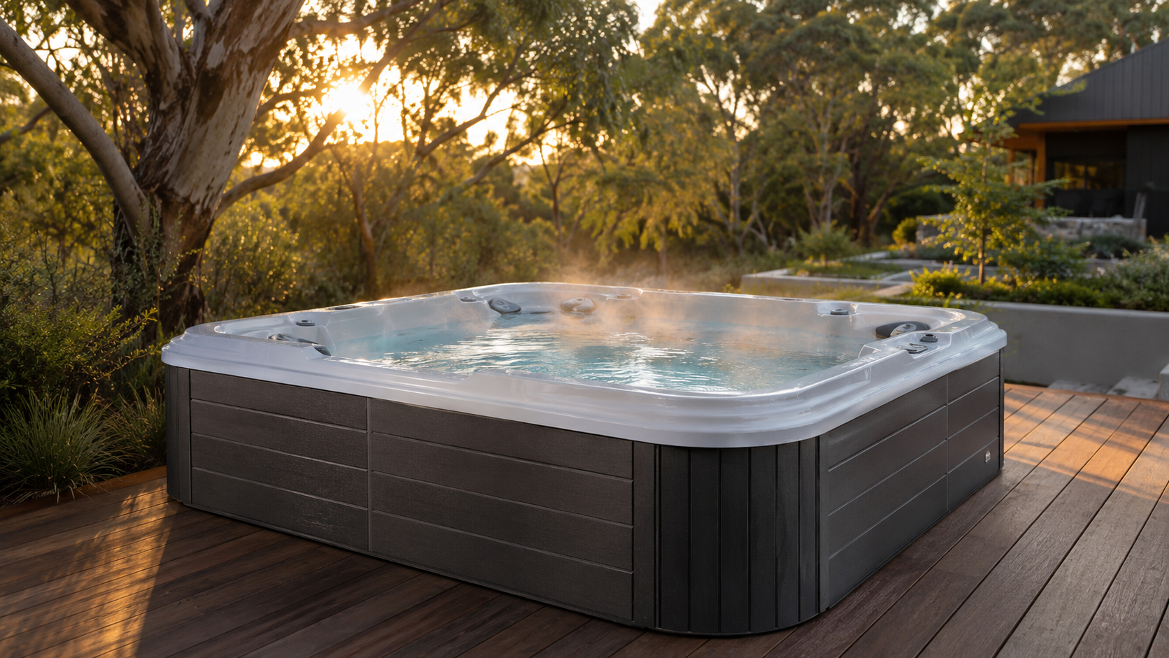 Hot tub on a wooden deck with trees and sunset in the background