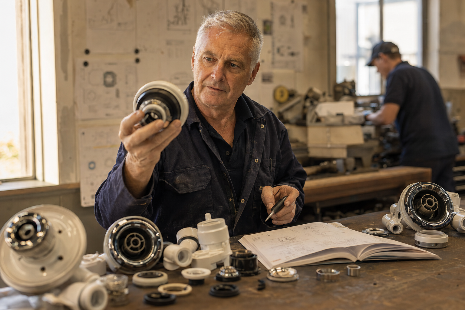 Man examining mechanical parts in a workshop setting
