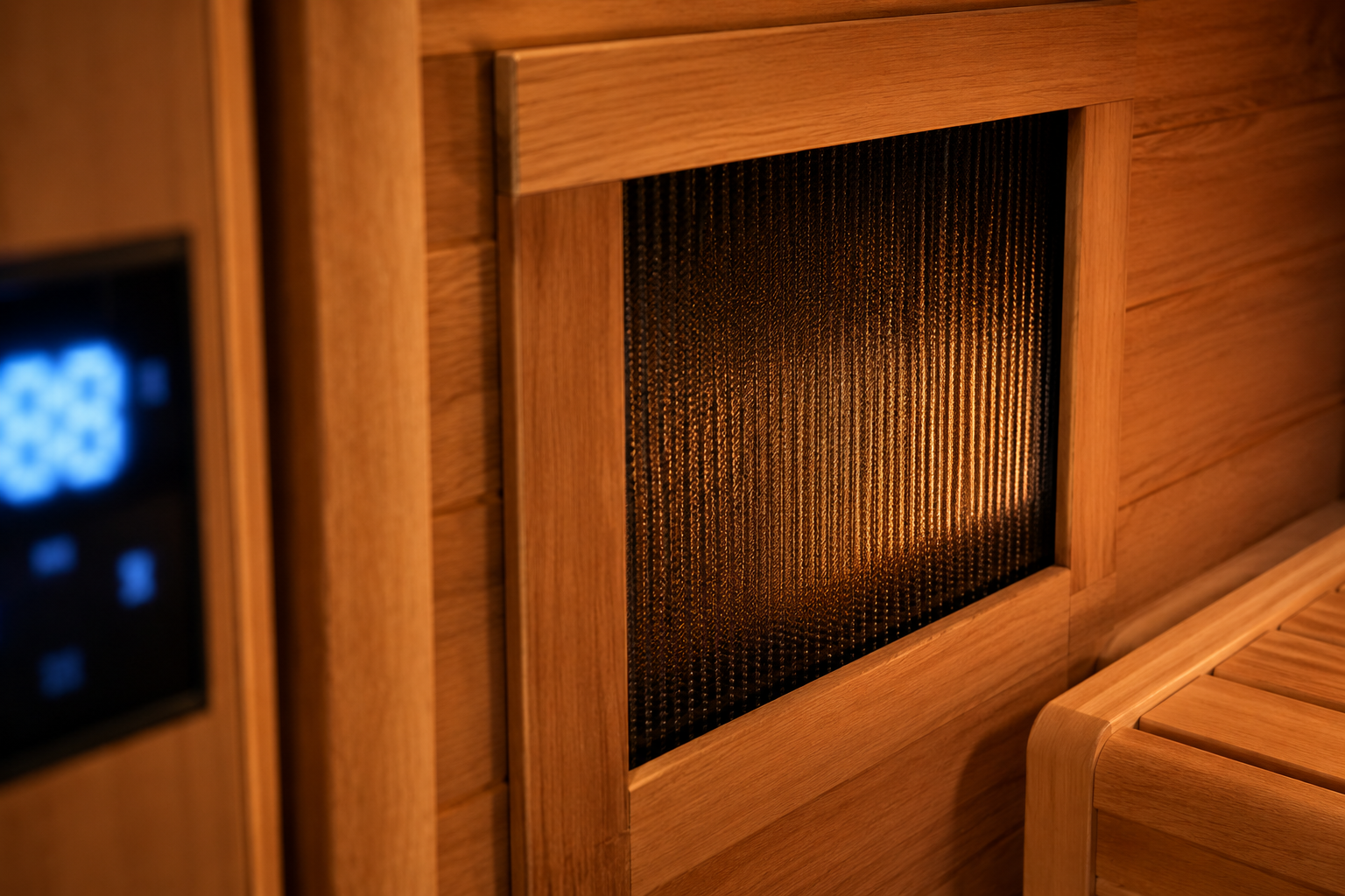 Wooden sauna with digital display and textured wall