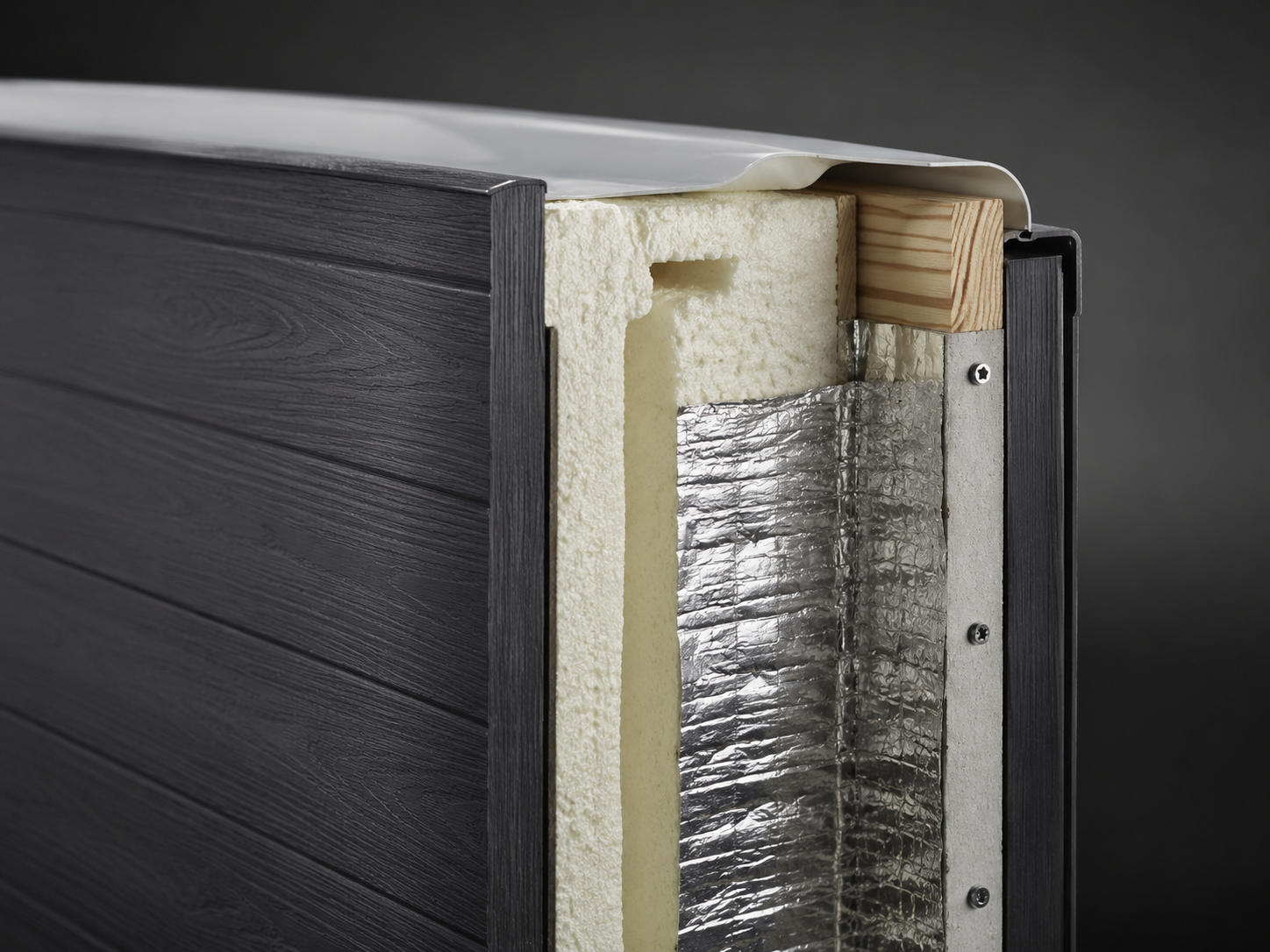 Cross-section of a wall showing insulation materials with a dark wooden panel background.