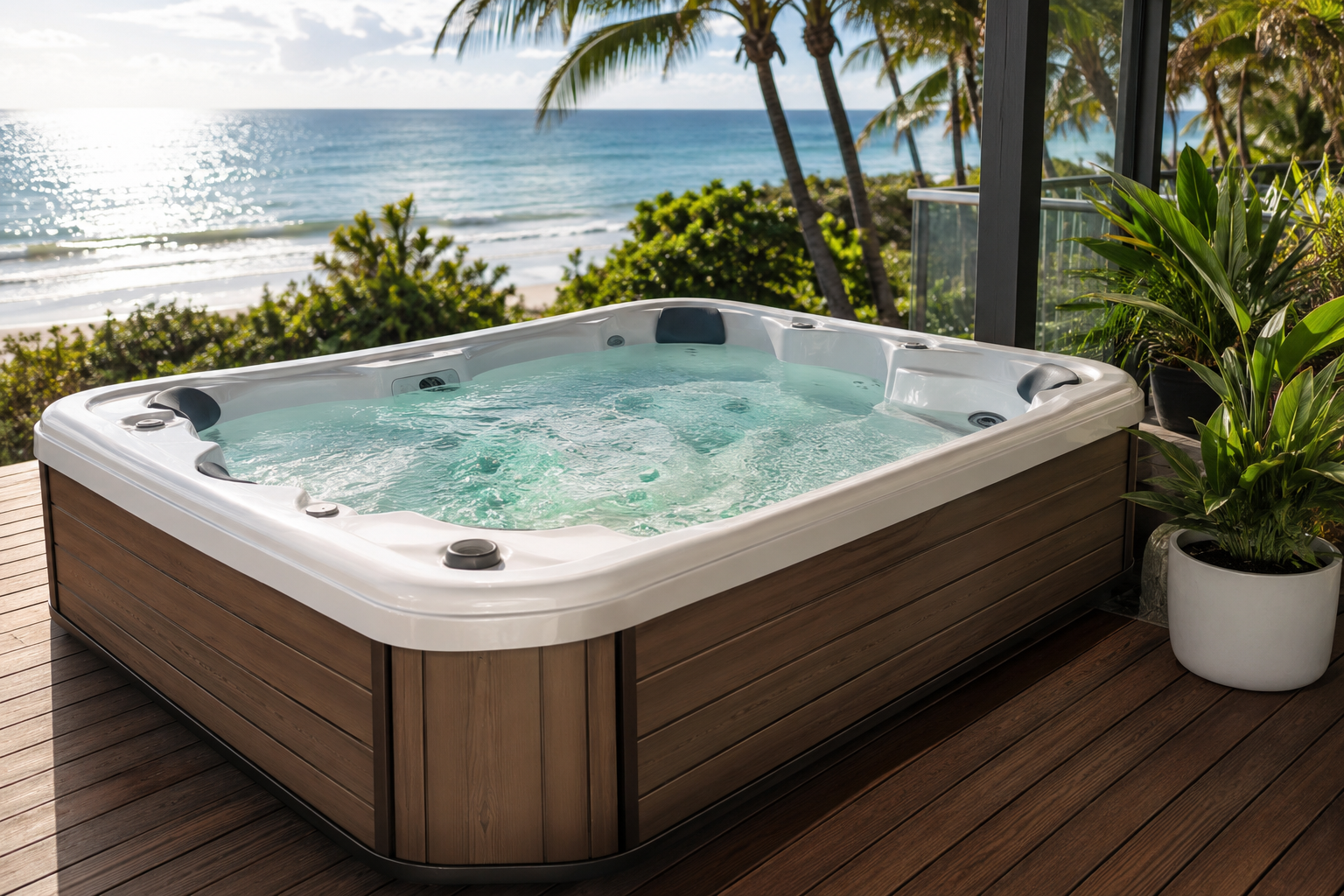 Hot tub on a wooden deck with ocean view