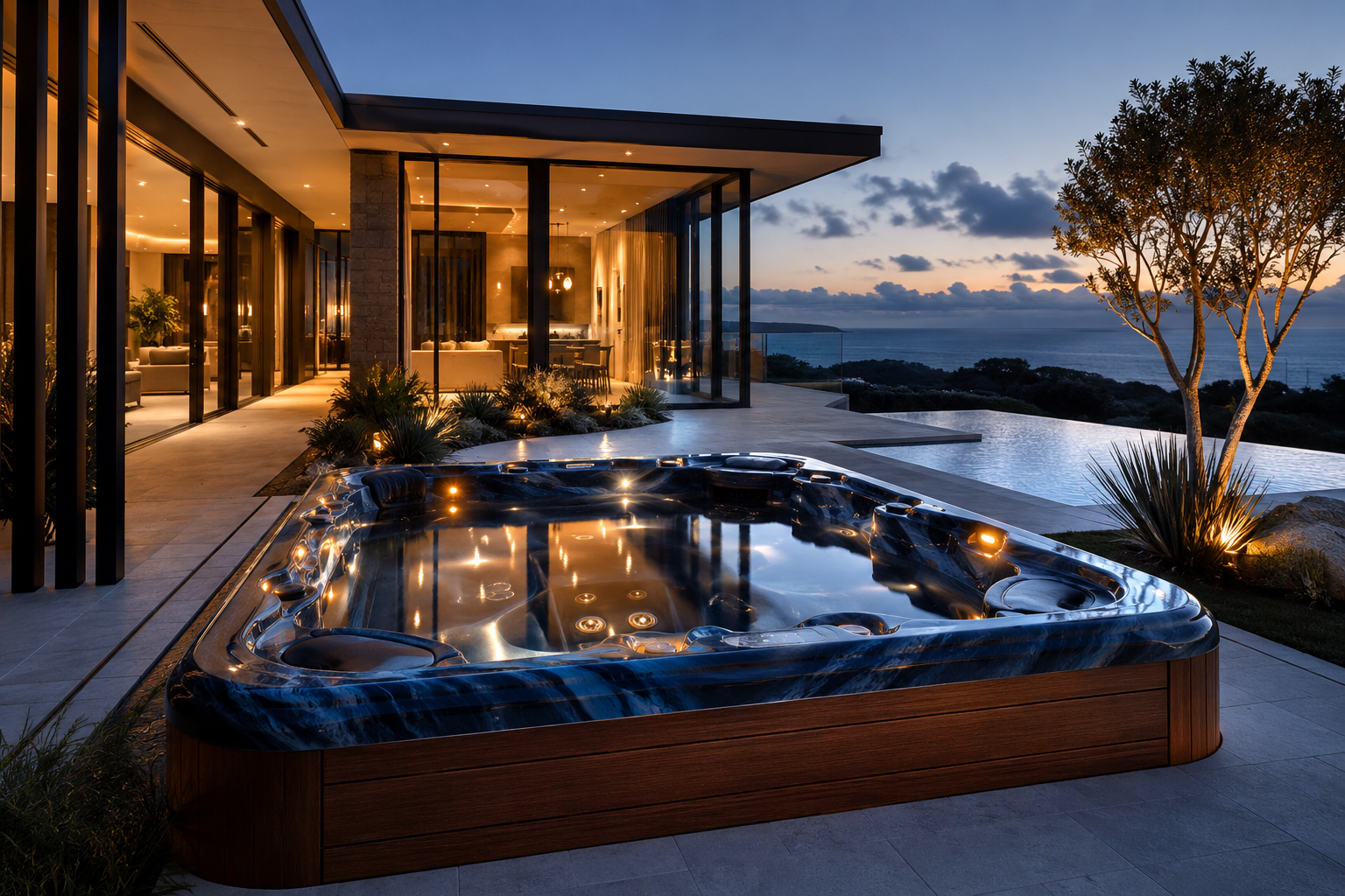 Modern house with a hot tub overlooking a scenic landscape at dusk.