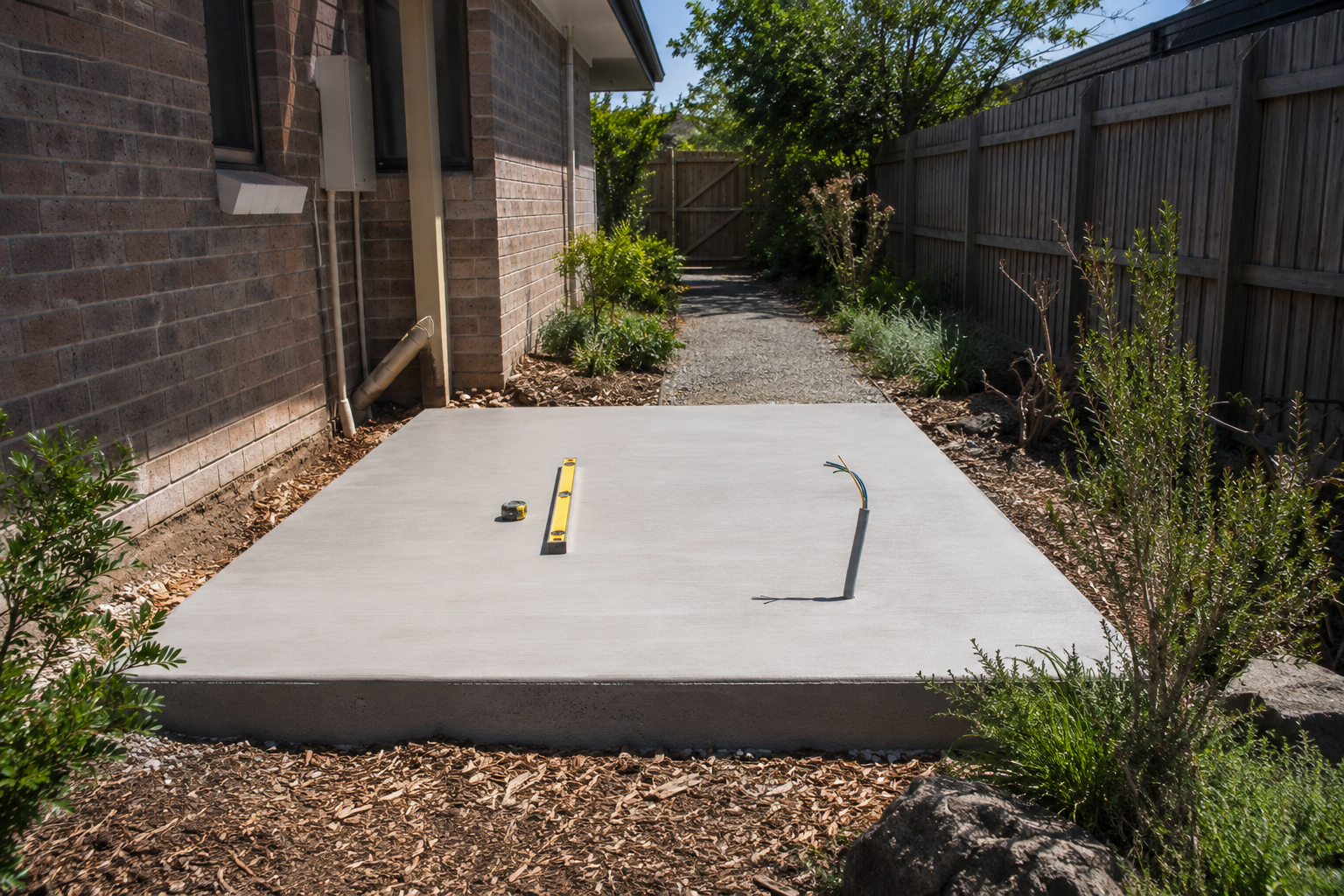 Concrete slab in a backyard with a wooden fence and plants around