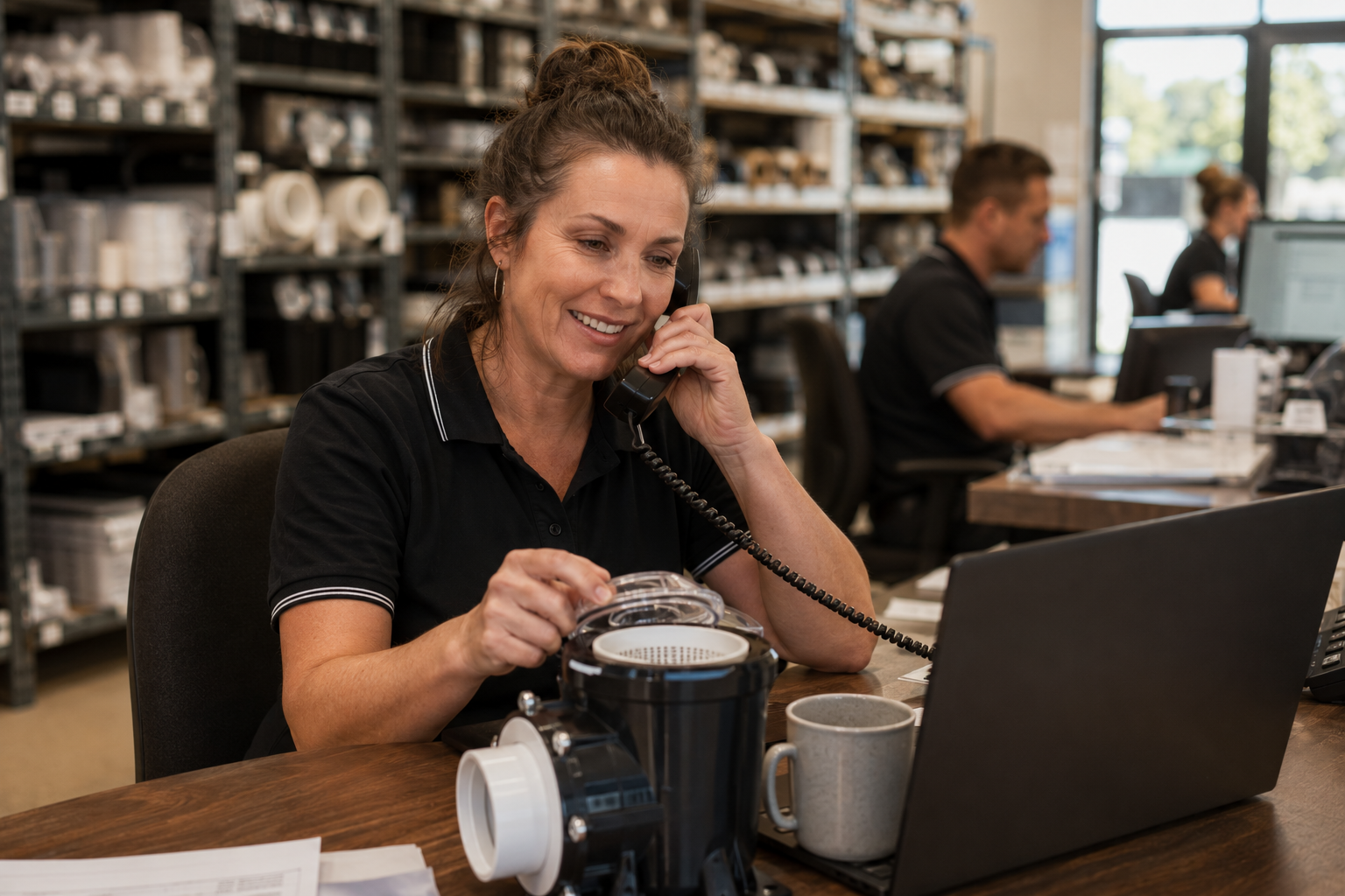 Woman in a coffee shop talking on the phone and using a laptop.