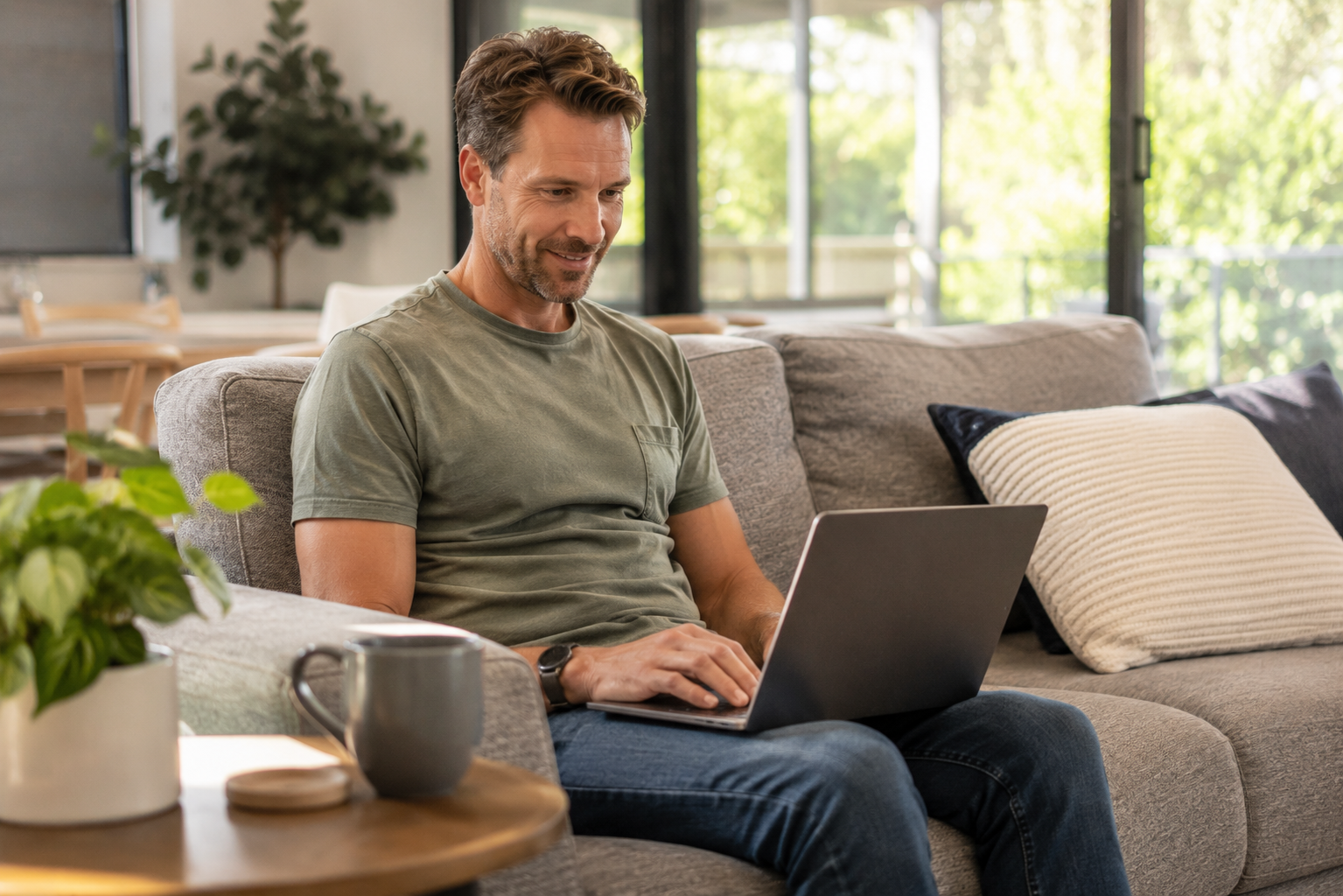 Man using a laptop on a couch in a living room