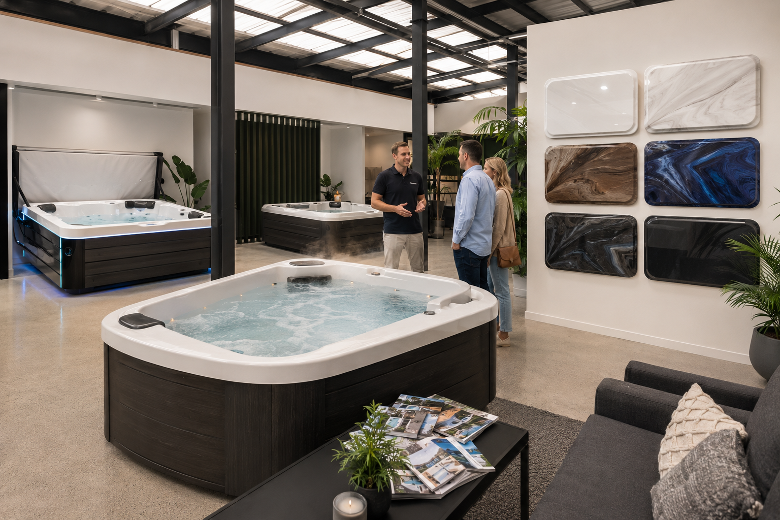 People in a showroom discussing hot tubs with samples on the wall.