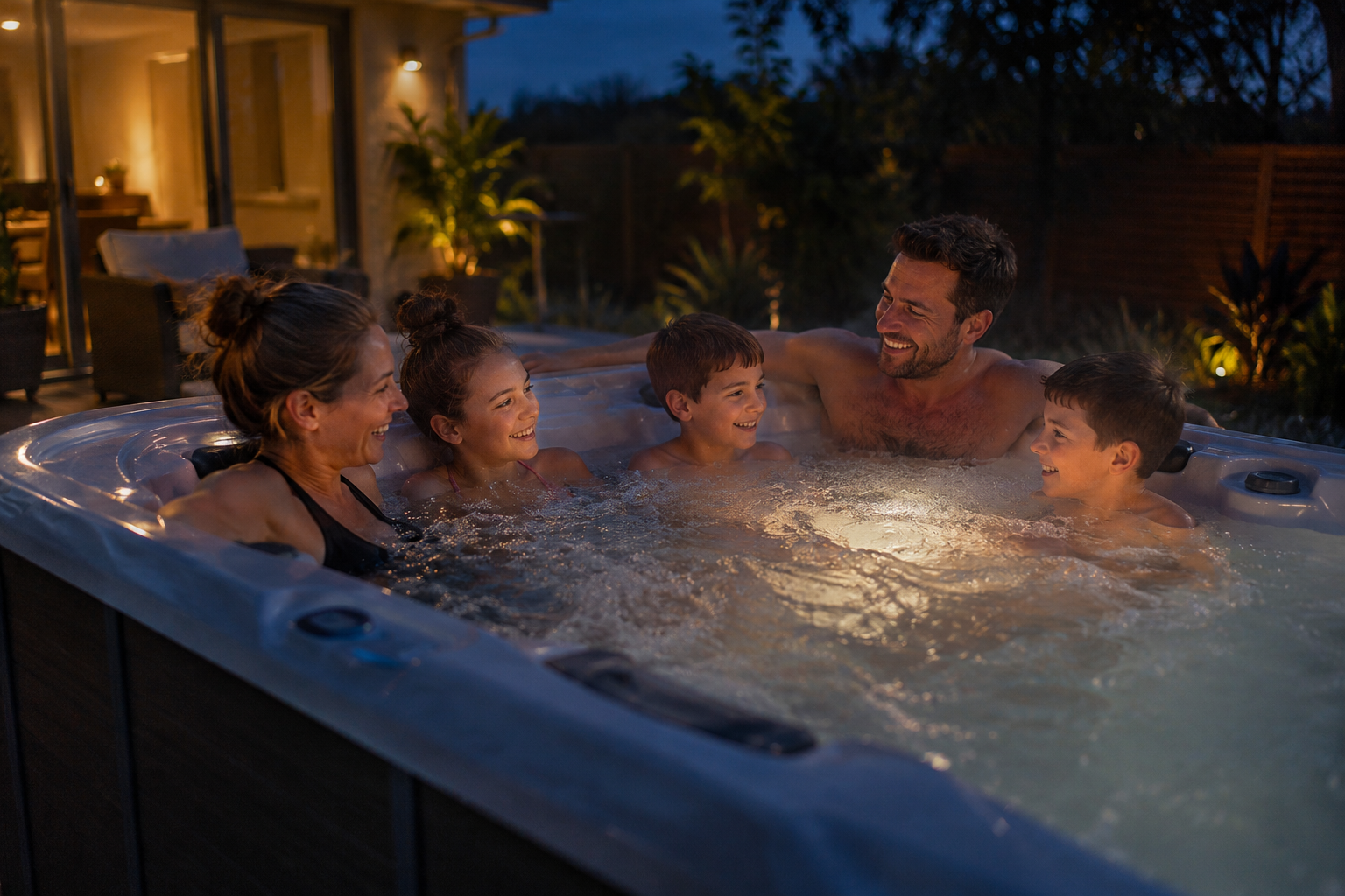 Family of four in a hot tub at night