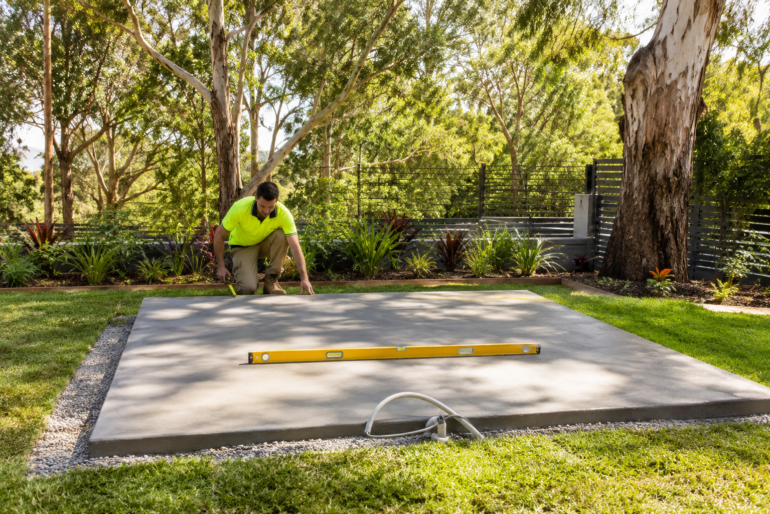 Person using a level on a concrete slab in a garden setting