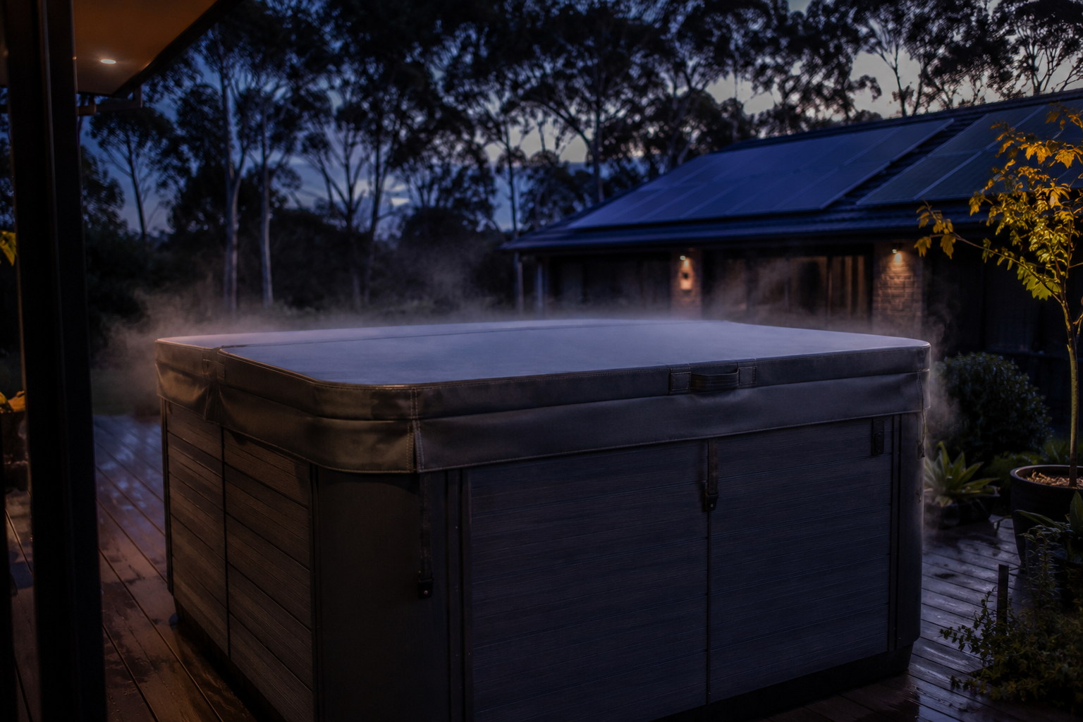 Hot tub with steam rising at night in a wooded area