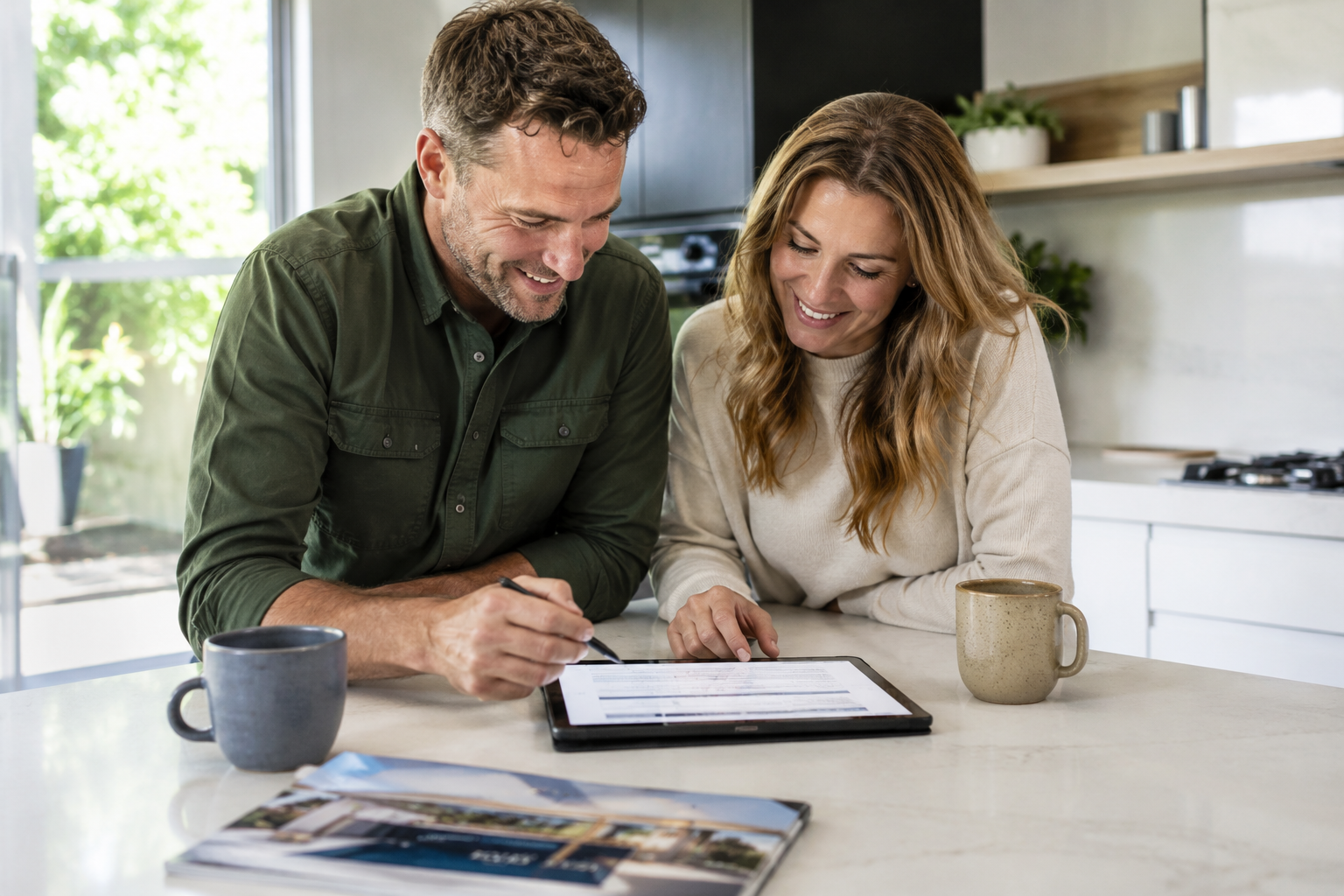 Man and woman looking at a tablet together in a kitchen