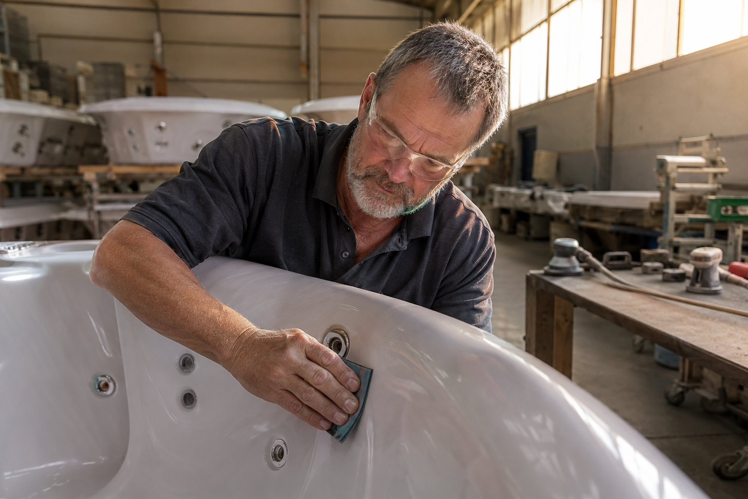 Man polishing a white bathtub in a workshop setting