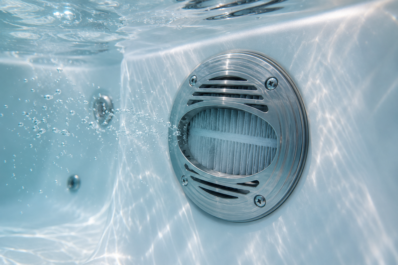 Close-up of a drain cover in a pool with water around it