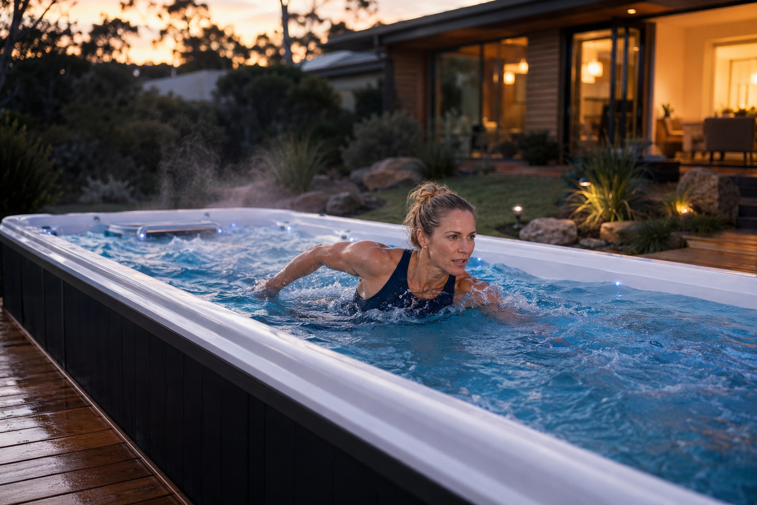 Woman swimming in a pool at sunset with a modern house in the background