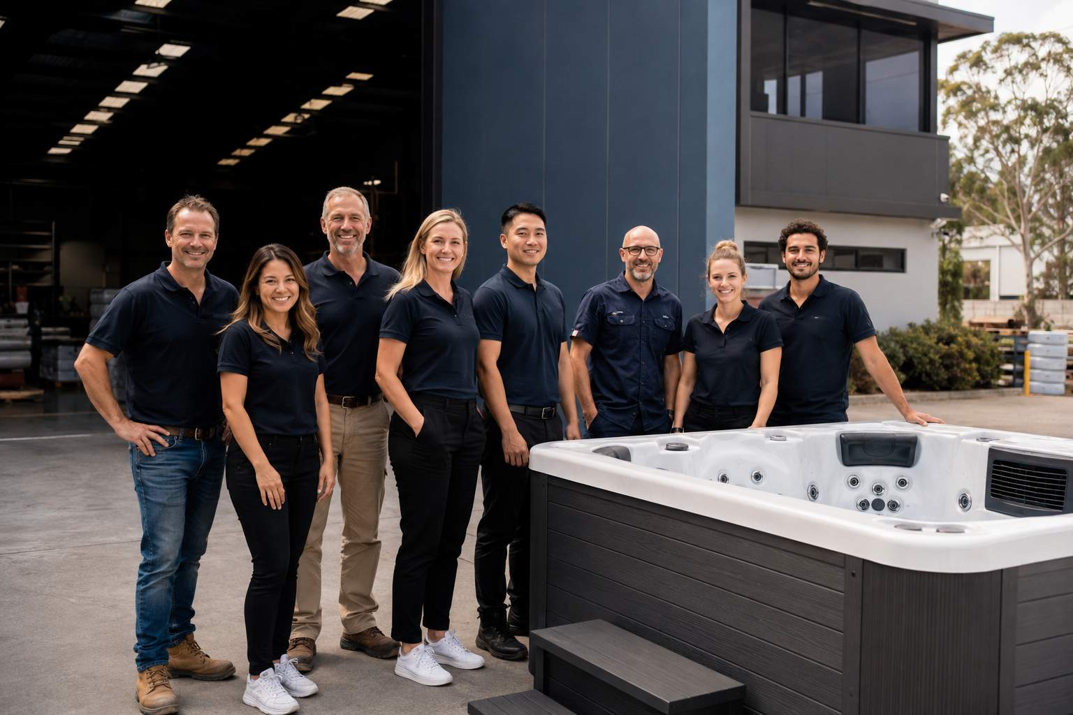 Group of people posing in front of a hot tub outside a building