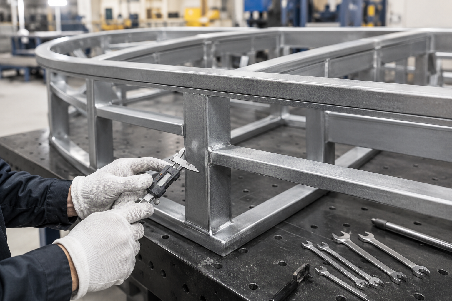 Person working on metal frame assembly with tools in a workshop setting