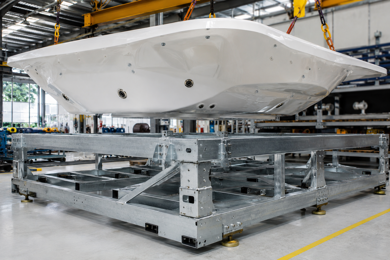 Large white industrial component being lifted by a crane in a warehouse setting