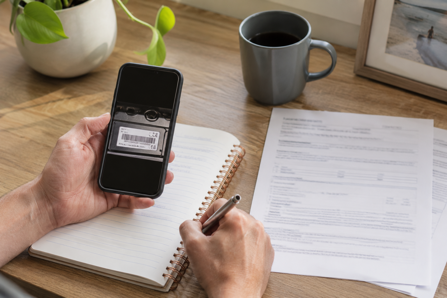 Person using a smartphone with a barcode scanner app on a desk with a notebook, pen, and coffee mug.